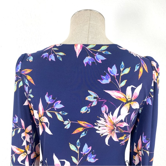 Eliza J Faux Wrap Dress 3/4 Sleeve V-Neck in Bright Tropical Style Floral Print - Picture 7 of 16